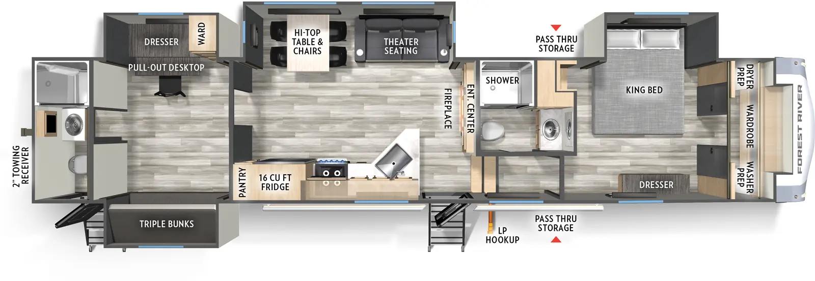 The Cardinal 41DREAM floorplan has two entries and four slide outs. Exterior features include: fiberglass exterior and 19' awning. Interiors features include: bunk beds, front bedroom, rear bathroom and two full bathrooms.